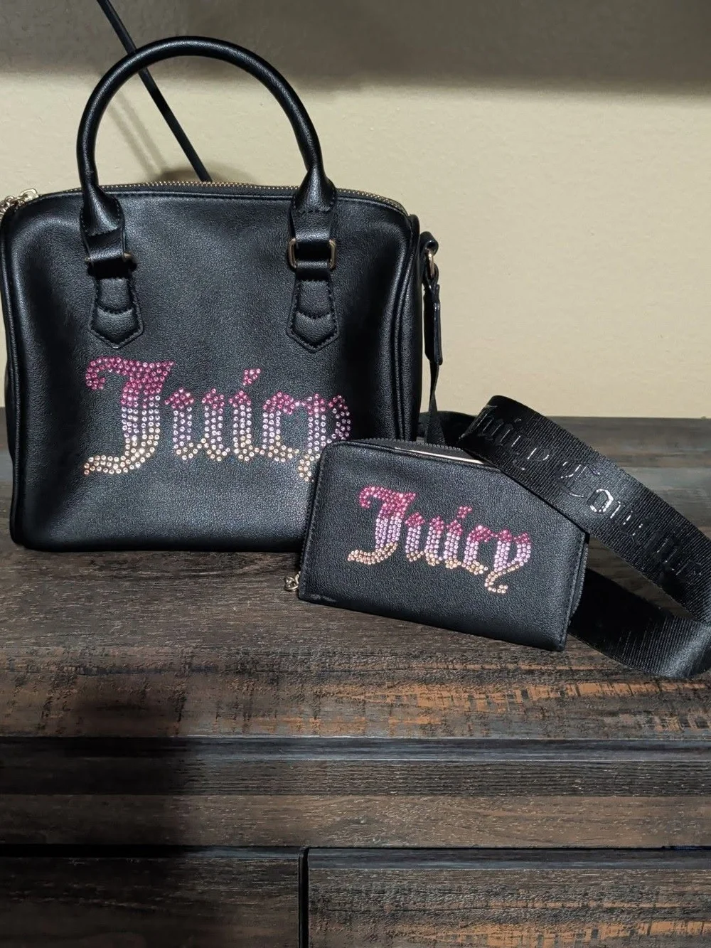 Juicy Couture Black Satchel and Matching Wallet with Pink-Gold Crystal Logo